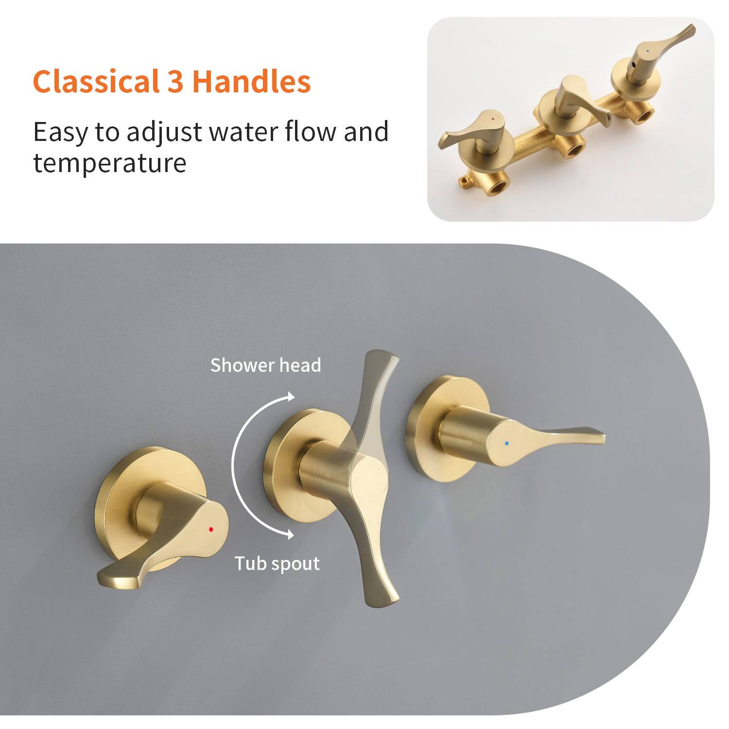 Classical 3 Handles

Easy to adjust water flow and temperature

Shower head

Tub spout