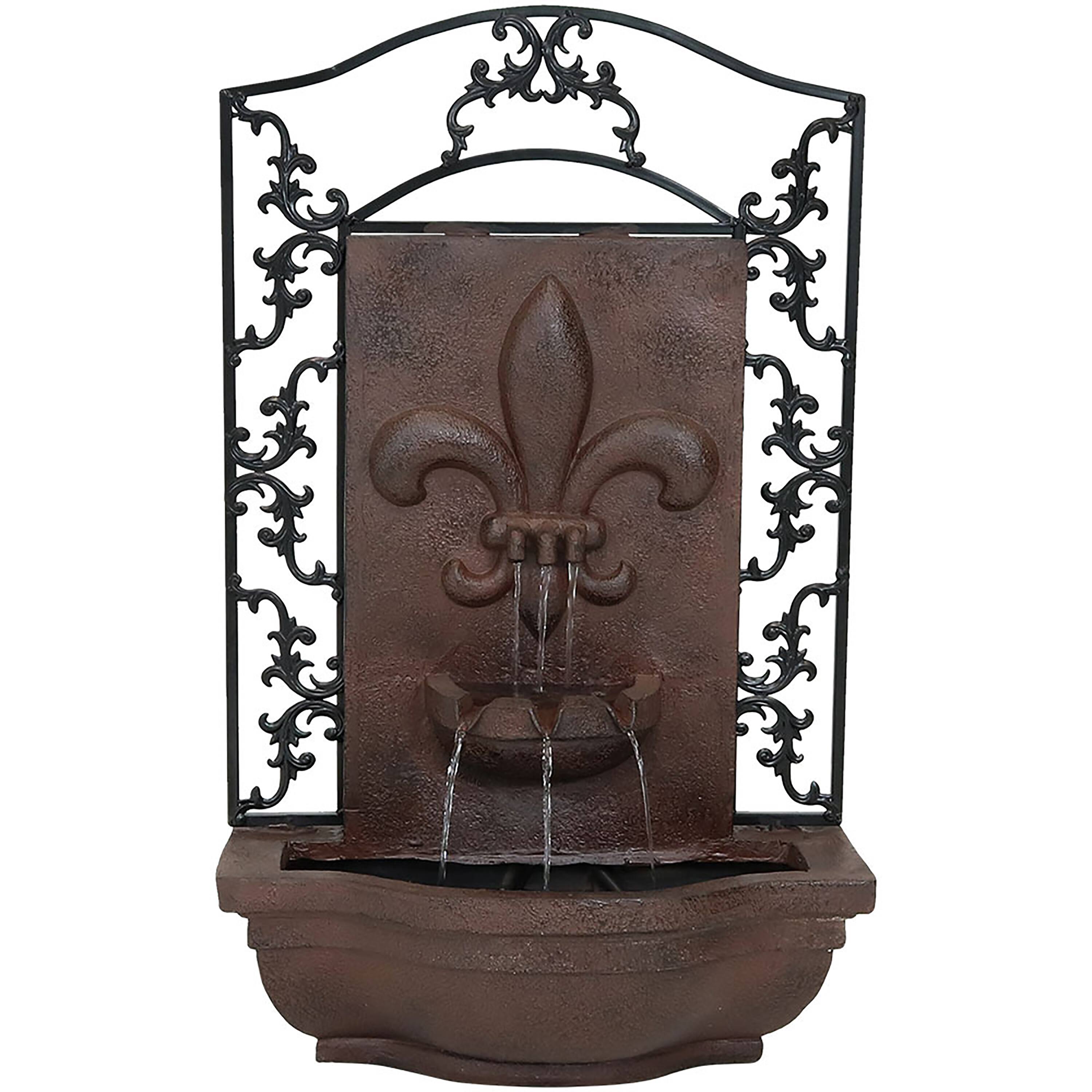 Front. Sunnydaze - French Lily Polystone Outdoor Solar Wall Fountain - Iron.