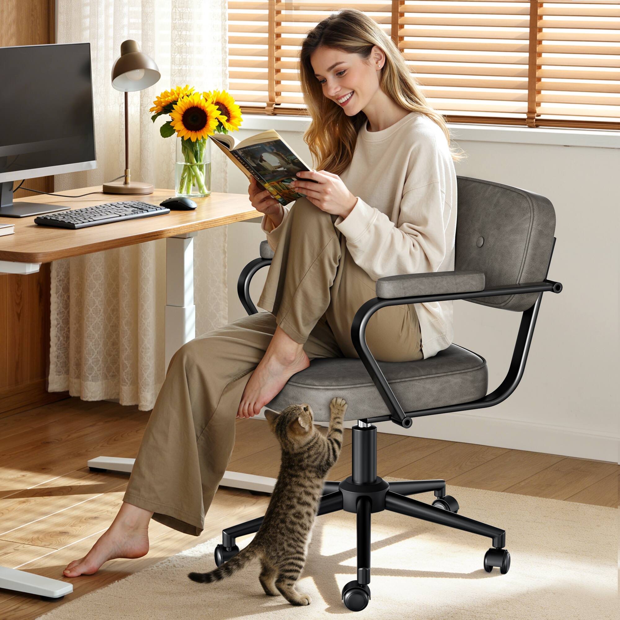 Alt View 3. KERDOM - Compact Home Office Chair with Arms, Simple Computer Chair for Short People, PU Leather Cute Small Desk Chair for Study - Grey.