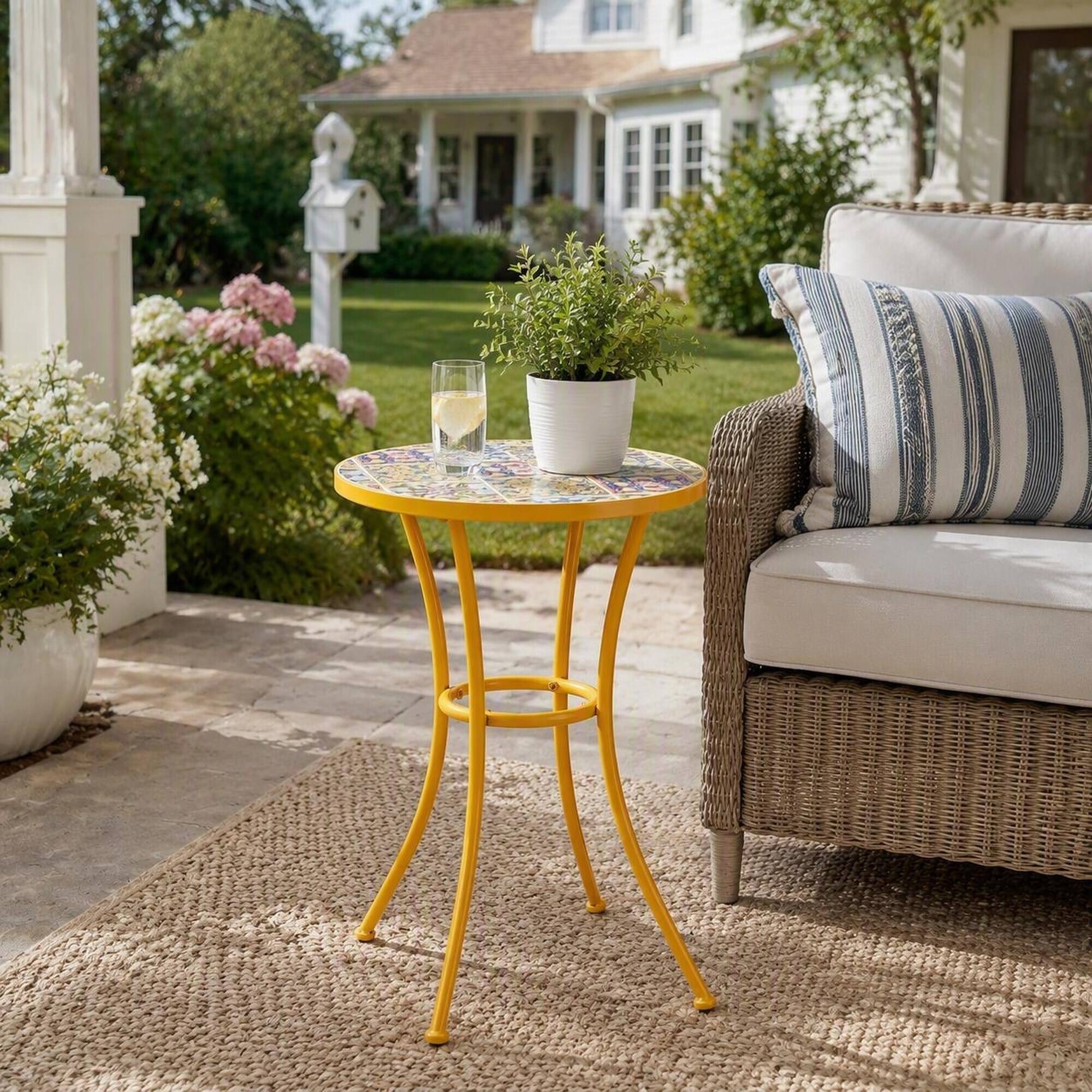 Back. RYHNUYNE - Sunny Yellow Mosaic Tile Outdoor Side Table with Powder-Coated Iron Legs for Patio Balcony - Yellow.