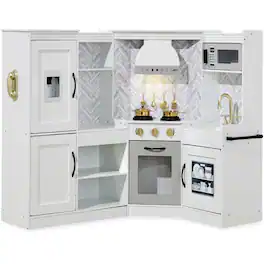 Best Choice Products - Pretend Play Corner Kitchen, Interactive Wooden Kids Set w/ Lights & Sounds - White