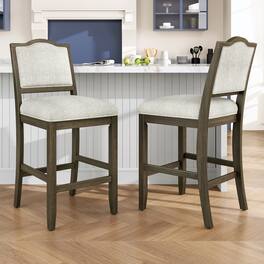 HTUTWOO - Counter Height Bar Stools Set of 2, Rubber Wood Stools with Backrest & Footrest, for Kitchen Island, Dining Room - Brown