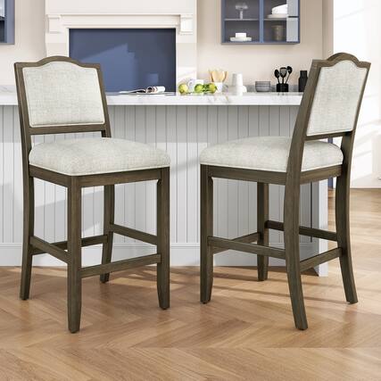 Front. HTUTWOO - Counter Height Bar Stools Set of 2, Rubber Wood Stools with Backrest & Footrest, for Kitchen Island, Dining Room - Brown.