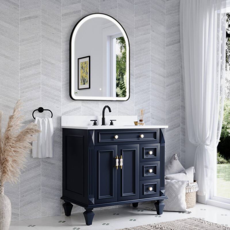 Angle. WELLFOR - 28" x 36" Arched Framed Bathroom Mirror with LED Light ,Defogger & Memory Function, Wall Mounted Vanity Mirror - Matte Black.