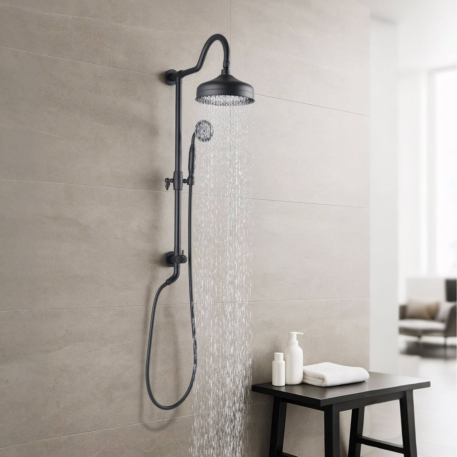 Alt View 6. Akoasm - 8-Inch Rain Shower Combo System - Wall Mount with 3-Function Hand Shower, Air Injection Tech, Slide Bar, Matte Black - Matte Black.