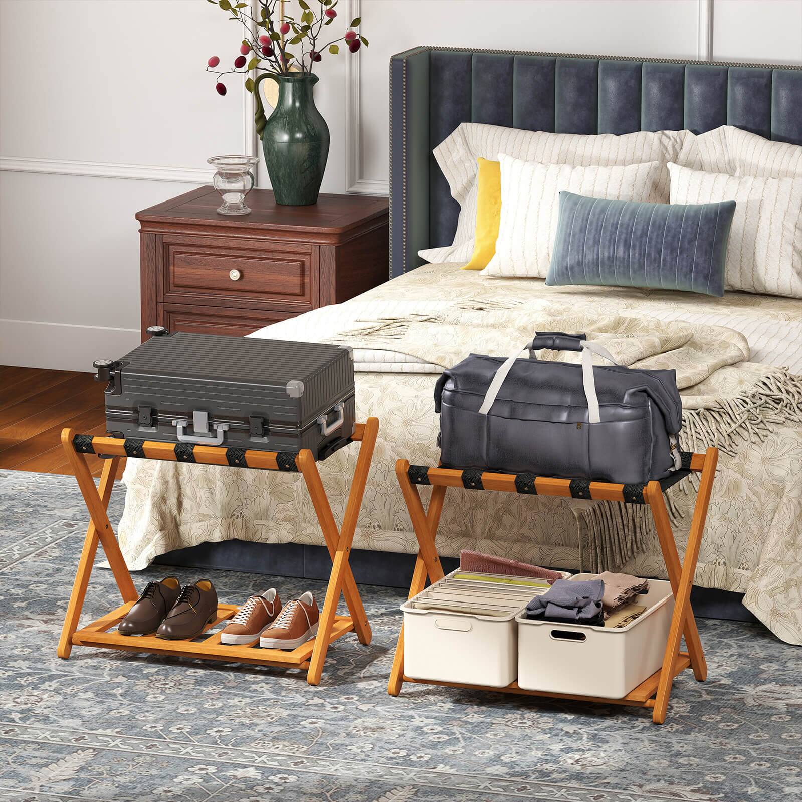 Alt View 4. Costway - Costway Folding Luggage Racks Set of 2 with Storage Shelf & 5 Nylon Straps Luggage Holder - Oak.