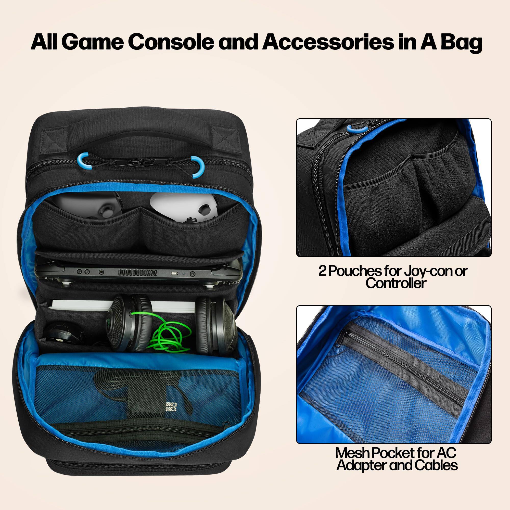 All Game Console and Accessories in A Bag

2 Pouches for Joy-con or Controller

Mesh Pocket for AC Adapter and Cables