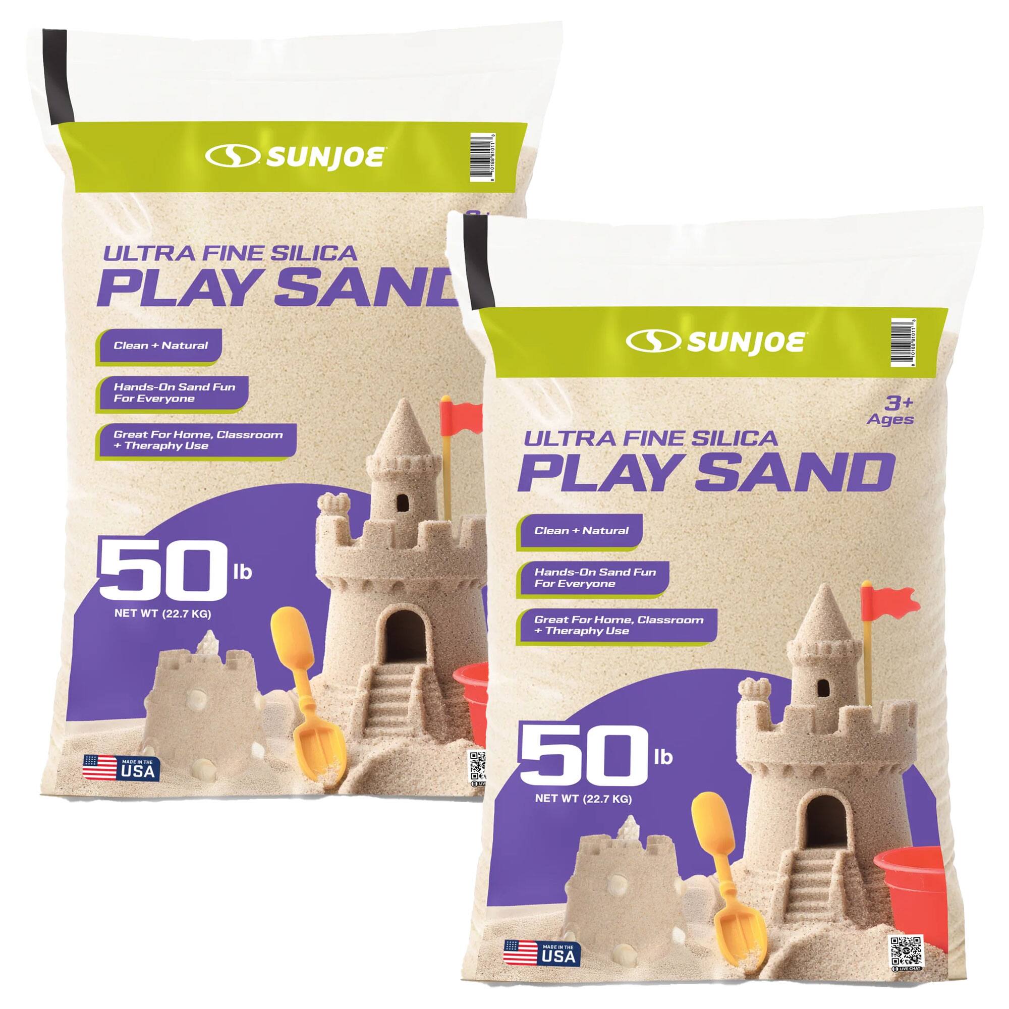 SUNJOE ULTRA FINE SILICA PLAY SAND  
Clean + Natural  
Hands-On Sand Fun For Everyone  
Great For Home, Classroom + Therapy Use  
50 lb NET WT (22.7 KG)  
USA  

3+ Ages  

Clean + Natural  
Hands-On Sand Fun For Everyone  
Great For Home, Classroom + Therapy Use  
50 lb NET WT (22.7 KG)  
USA
