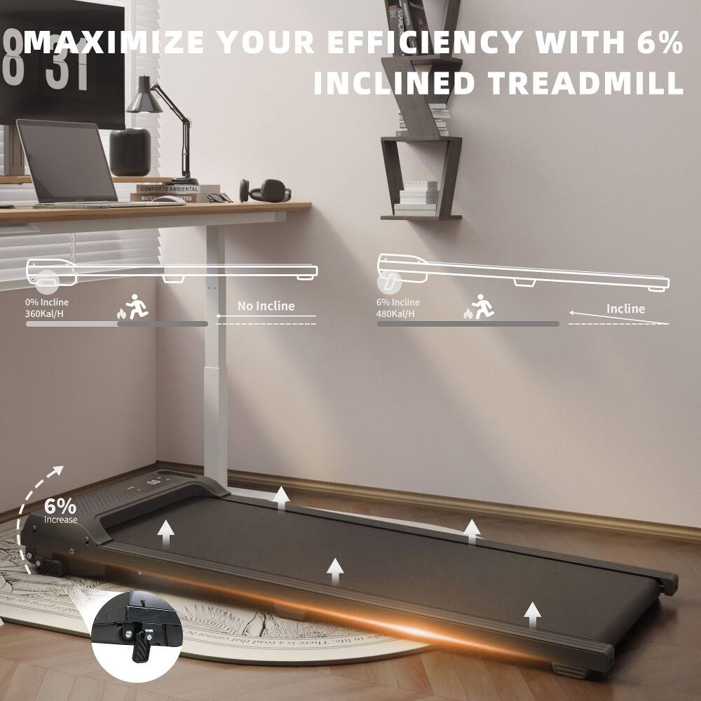 MAXIMIZE YOUR EFFICIENCY WITH 6% INCLINED TREADMILL

0% Incline 360Kcal/H  
No Incline  
6% Incline 480Kcal/H  
Incline 6% Increase