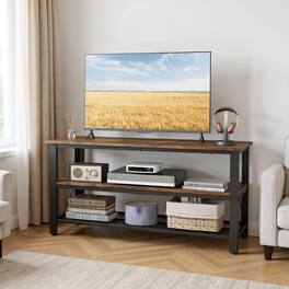 Kadyn - 3-Tier Industrial Entertainment TV Stand with Metal Mesh Shelf, Mid Century Modern TV Stand for Living Room Bedroom - Brown