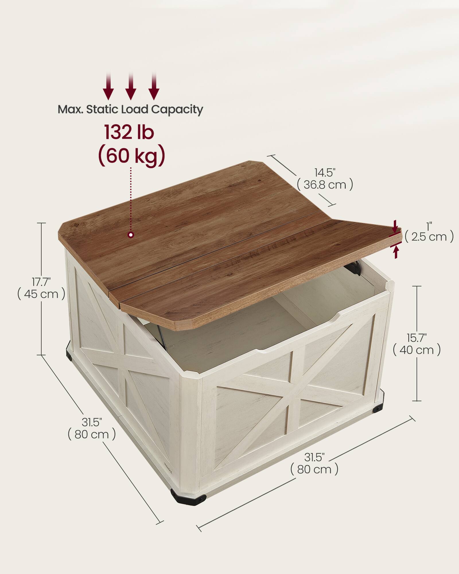 Max. Static Load Capacity: 132 lb (60 kg)

- 14.5" (36.8 cm)
- 1" (2.5 cm)
- 17.7" (45 cm)
- 15.7" (40 cm)
- 31.5" (80 cm)