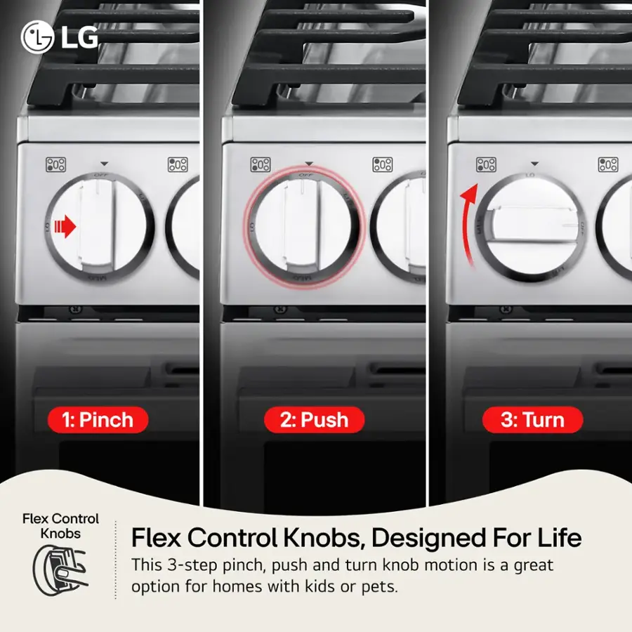 LG Y EF 808 80%  808 808 : MED MED MED am X 1: Pinch 2: Push 3: Turn Flex Control Knobs Designed For Life This 3-step pinch, push and turn knob motion is a great option for homes with kids or pets.