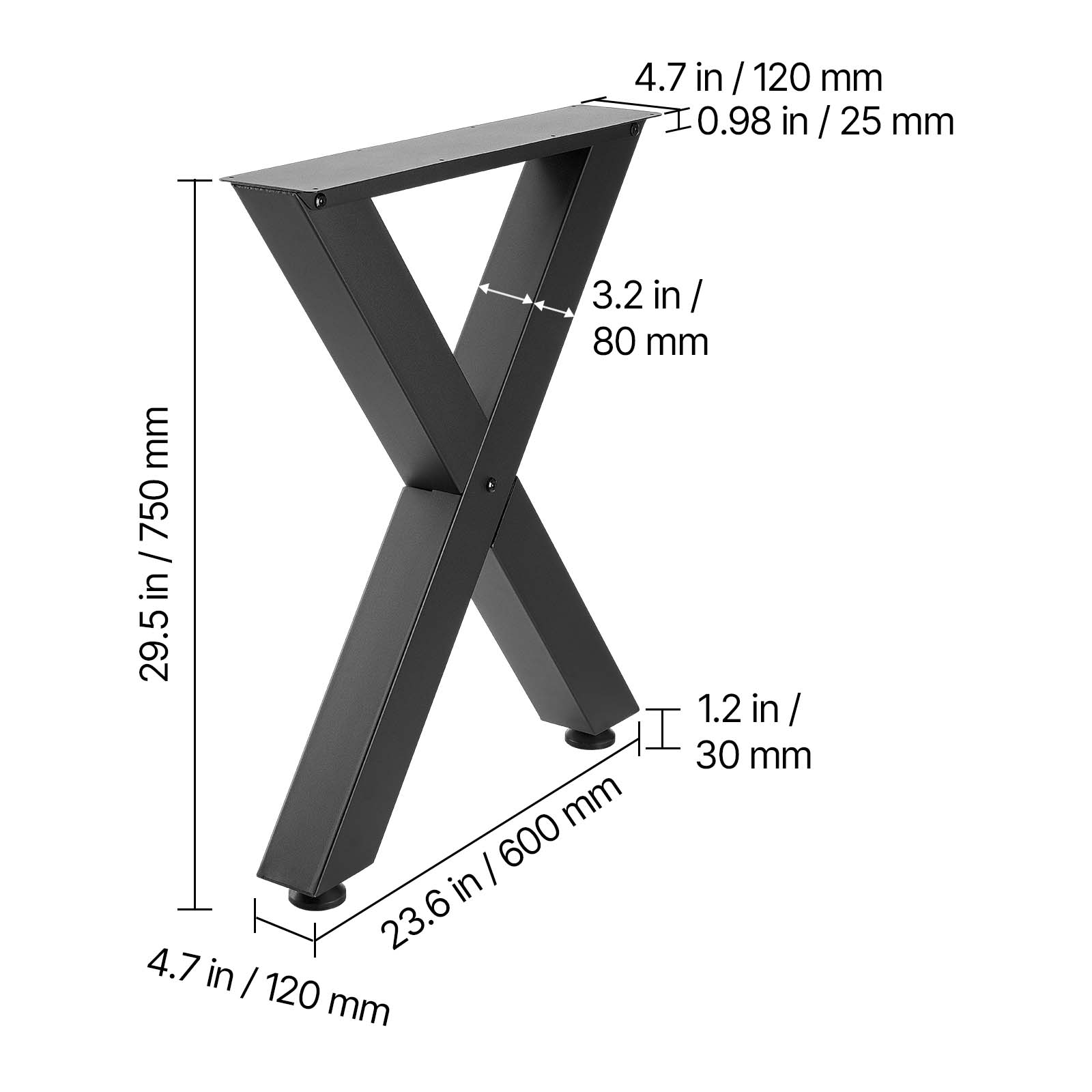4.7 in / 120 mm  
0.98 in / 25 mm  
3.2 in / 80 mm  
29.5 in / 750 mm  
1.2 in / 30 mm  
23.6 in / 600 mm
