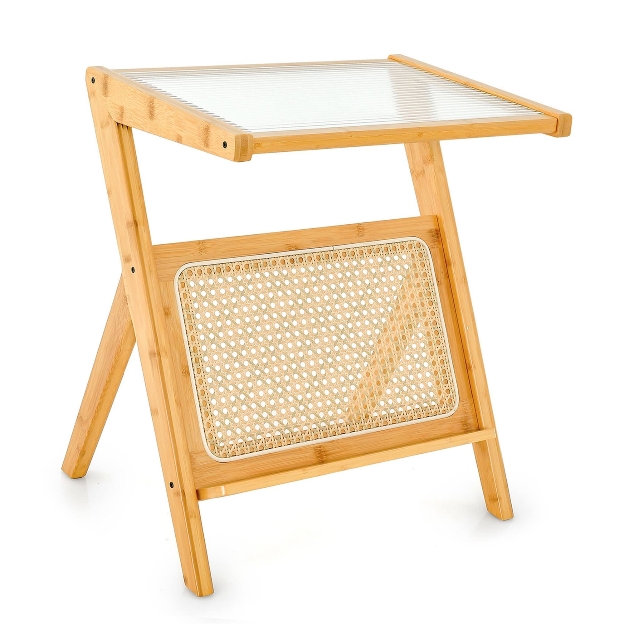 Alt View 9. Costway - Costway Rattan Side Table Bamboo Accent Bedside Table with Tempered Glass Top - Natural.