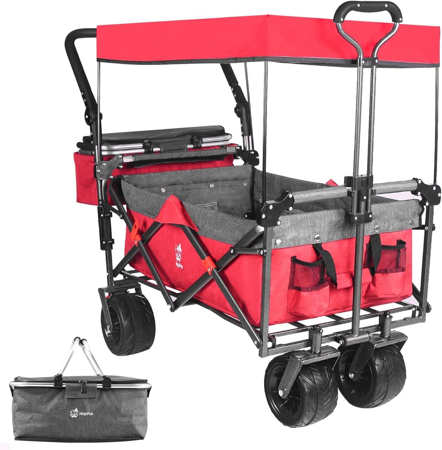Loheer - Collapsible Wagon with Canopy, All Terrain Folding Cart with Brakes for Beach Camping Shopping