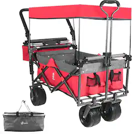 Loheer - Collapsible Wagon with Canopy, All Terrain Folding Cart with Brakes for Beach Camping Shopping