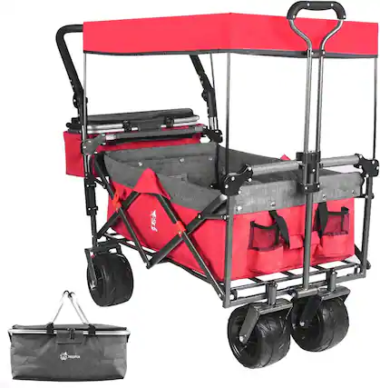 Front. Loheer - Loheer Collapsible Wagon with Canopy, Heavy Duty Folding Cart for Beach, All-Terrain Wheels and Cooler Bag.
