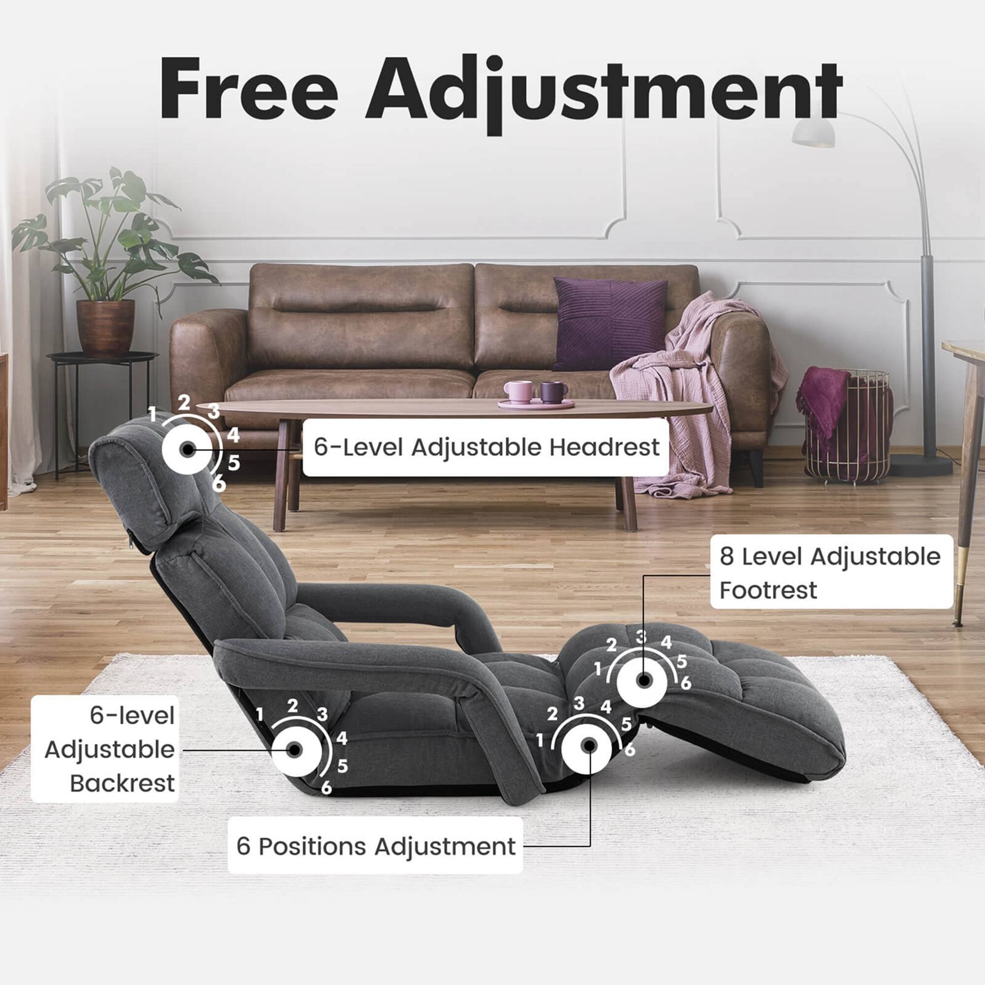 Free Adjustment

- 6-Level Adjustable Headrest
- 6-level Adjustable Backrest
- 8 Level Adjustable Footrest
- 6 Positions Adjustment