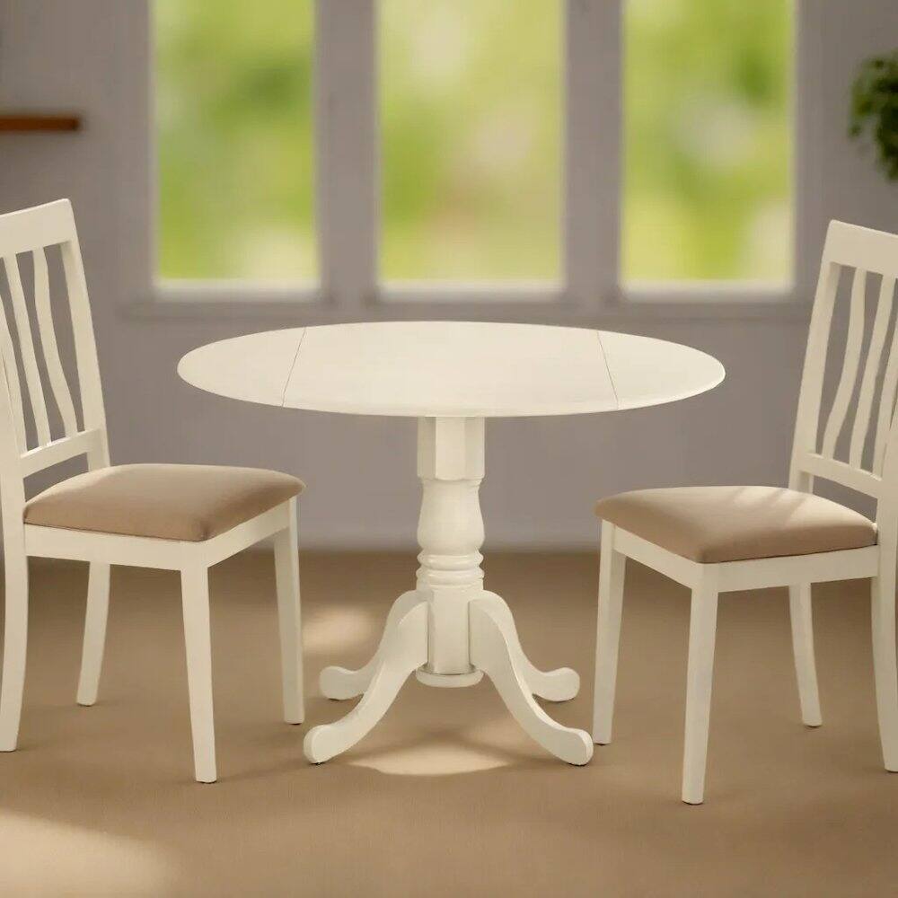 Left. FurniFact - Compact Round Dining Table with Drop Leaves – Ideal for Small Spaces - Linen White.