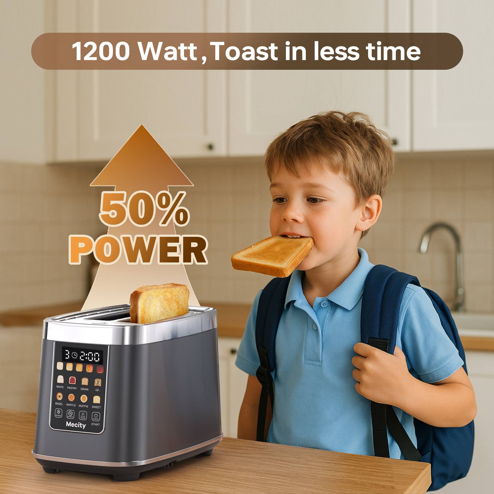 1200 Watt, Toast in less time

50% POWER

3:00

THEL PASTRY GRAN

F 2.

BAGEL HAFFLE SWEET

Mecity START