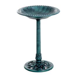 Outsunny - 28'' Bird Bath Outdoor Resin Decor with Fleur De Lis Pattern, Time-Worn Finish - Verdigris (Green)