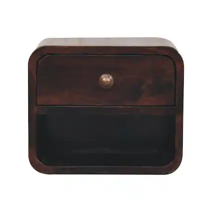 Front. Artisan Furniture - Artisan Furniture Solid Wood Mini Curved California Walnut Wall Mounted Bedside, 1 Drawer, 1 Open Slot, Dark Brown - Walnut Finish.