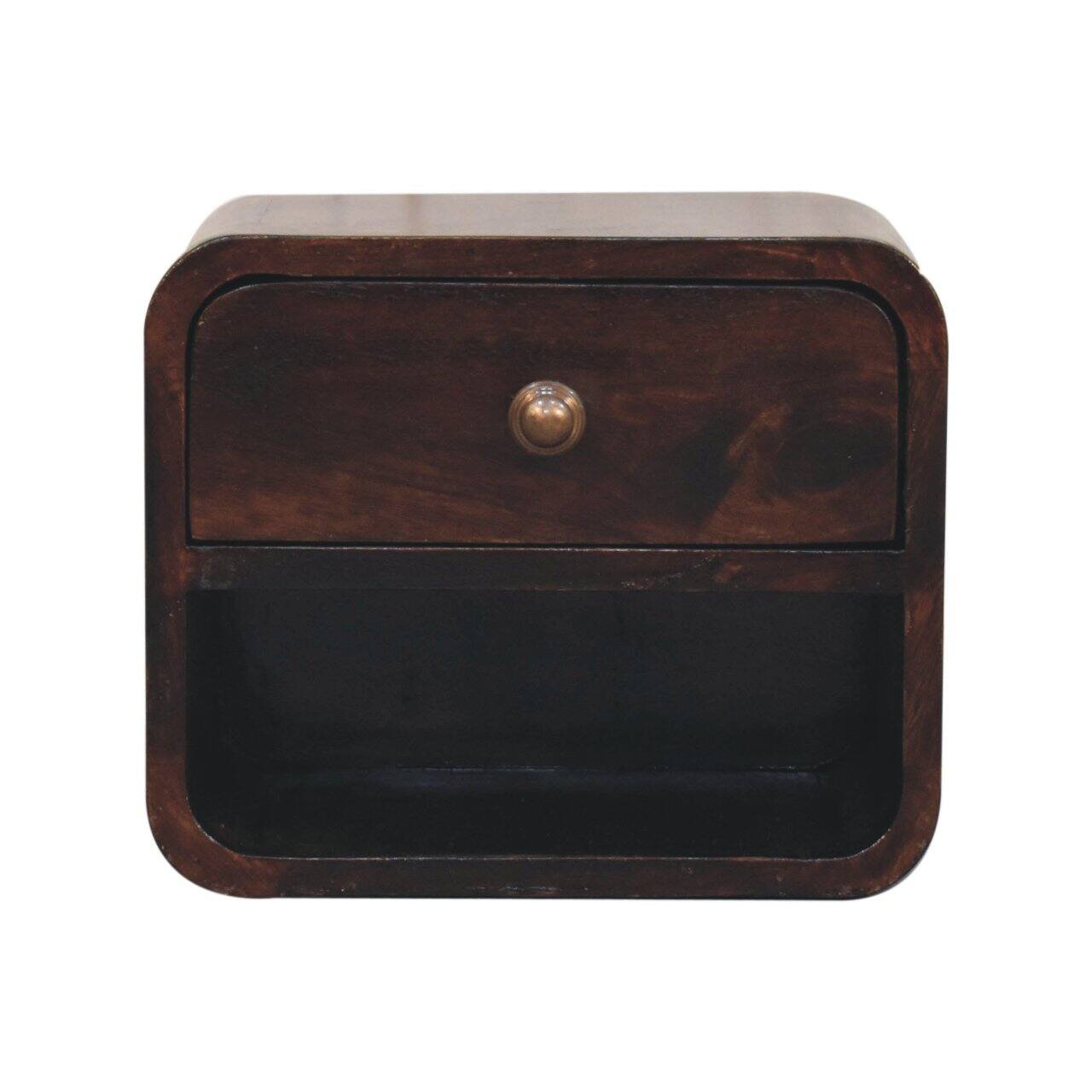 Front. Artisan Furniture - Artisan Furniture Solid Wood Mini Curved California Walnut Wall Mounted Bedside, 1 Drawer, 1 Open Slot, Dark Brown - Walnut Finish.