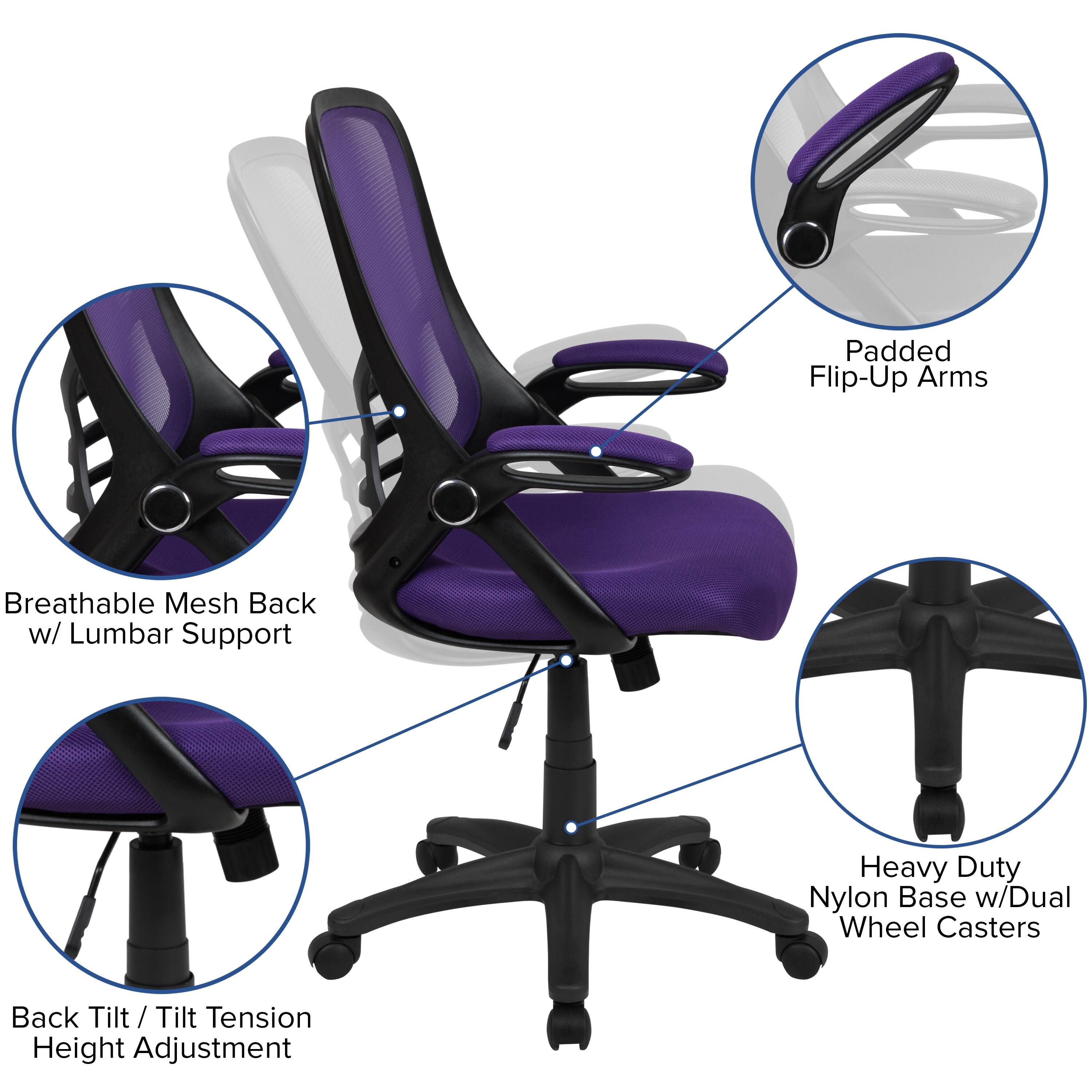 Padded Flip-Up Arms  
Breathable Mesh Back w/ Lumbar Support  
Heavy Duty Nylon Base w/ Dual Wheel Casters  
Back Tilt / Tilt / Tension Height Adjustment