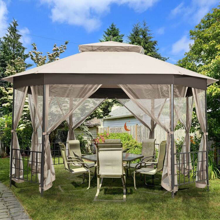 Front. Mondawe - 10x12ft Freestanding Octagonal Patio Gazebo w/ Netting Sidewalls, Outdoor Metal Frame Canopy with PU Top - Beige.