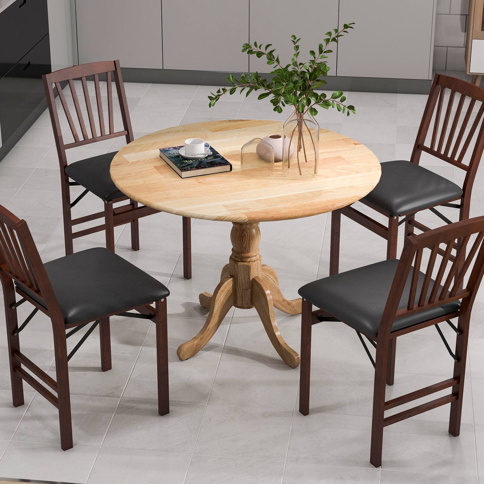 Alt View 7. Ecooso - Round Wooden Dining Table with Curved Trestle Legs, Stable Dining Desk for Kitchen or Small Space - Natural.