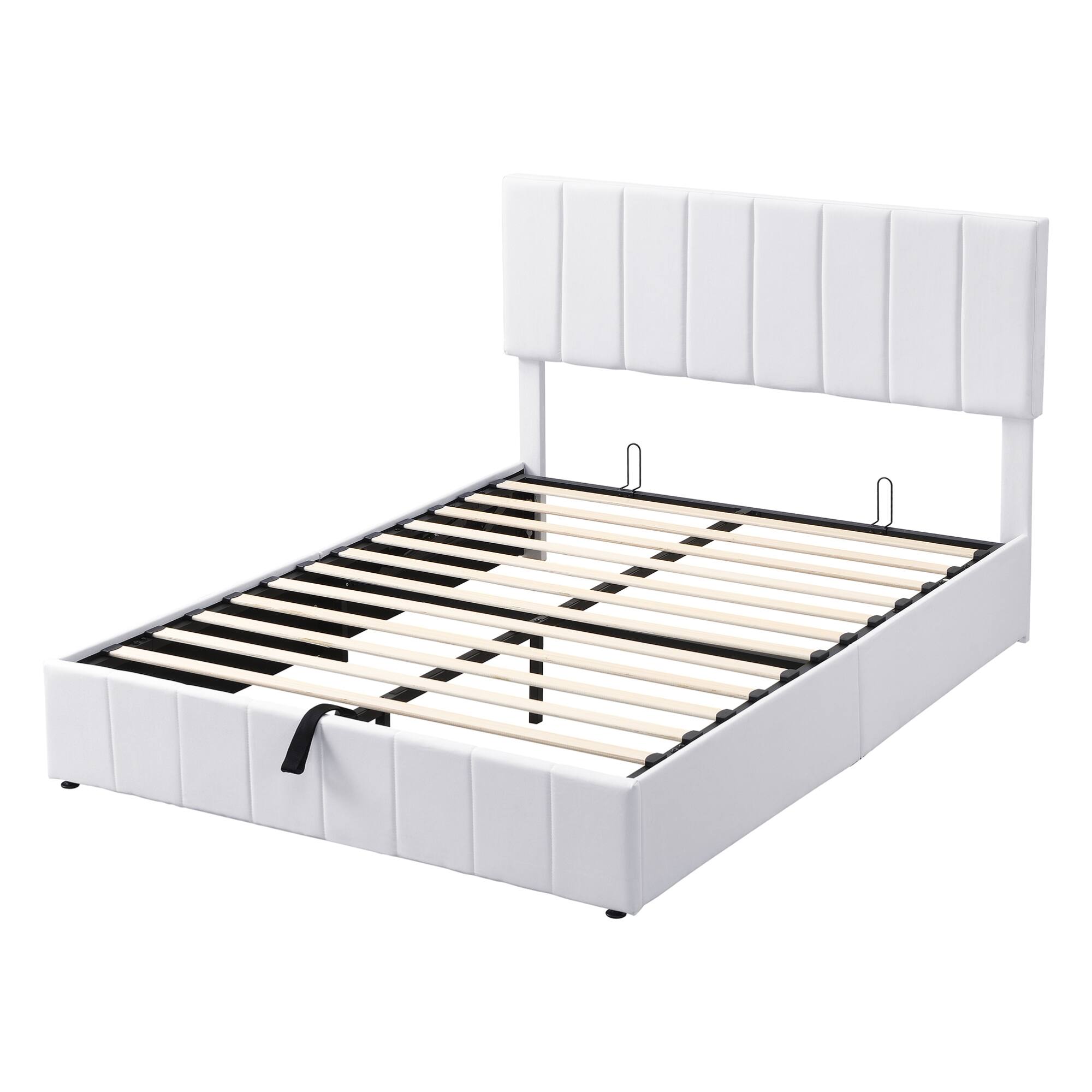 Alt View 2. GOODSILO - Queen Size Upholstered Platform Bed with Hydraulic Storage System - White.