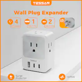 TESSAN - Wall Tap with 4 AC Outlets and 3 USB Charger(2 USB-C), Surge Protector Wall Outlet Extender, Multi Plug Outlet Splitter - Gray