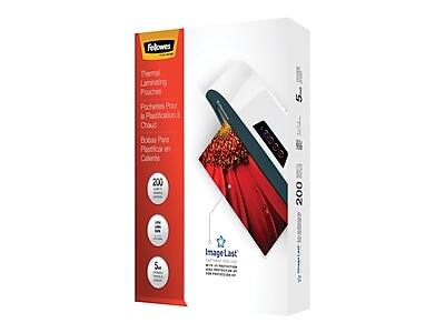 Fellowes  
Thermal Laminating Pouches  
Pochettes Pour Plastification à Chaleur  
Pouches Para Pastificar en Caliente  
Bols Para Calentar  

200  
5 mil  
5" x 7"  

ImageLast  
Captures the brilliance of your images with a crystal clear finish.