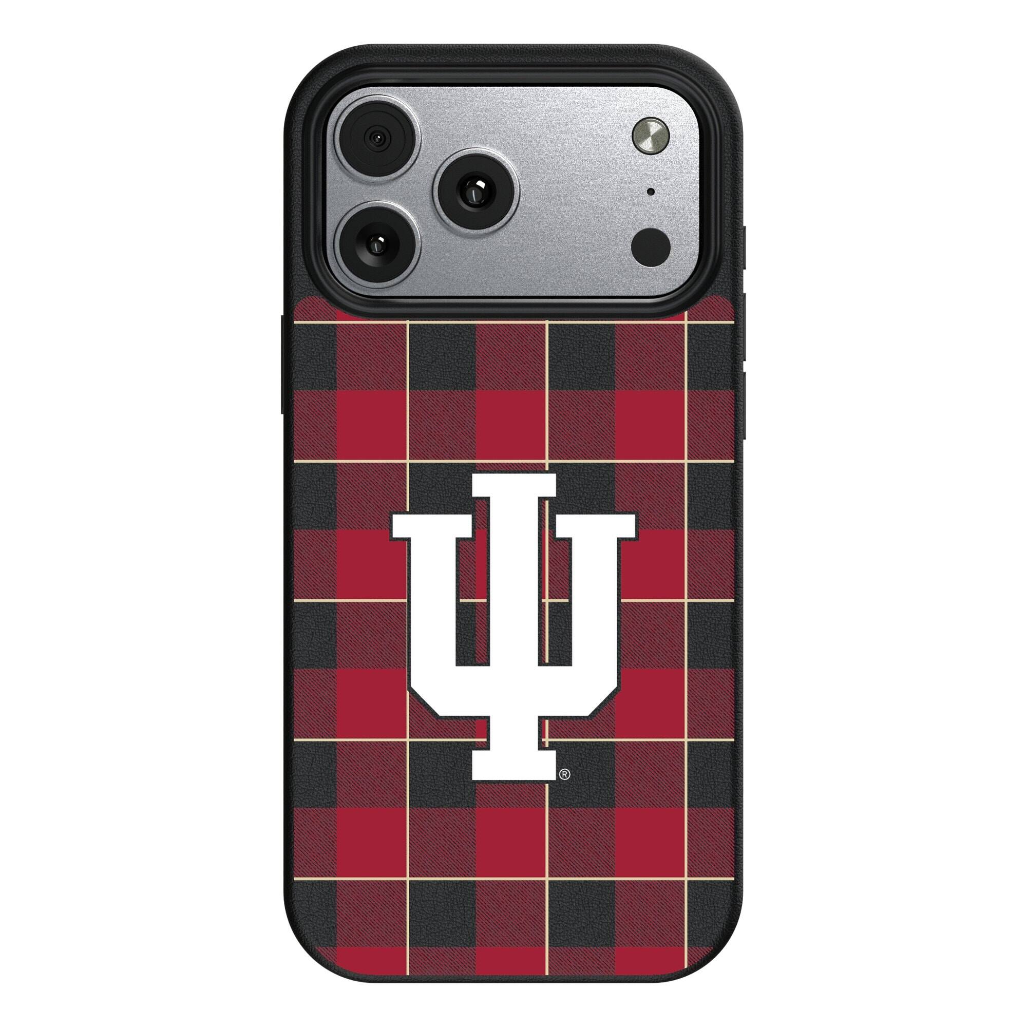Front. Keyscaper - Indiana Hoosiers Plaid Magnetic Bump iPhone Case - 16 Pro - Black.