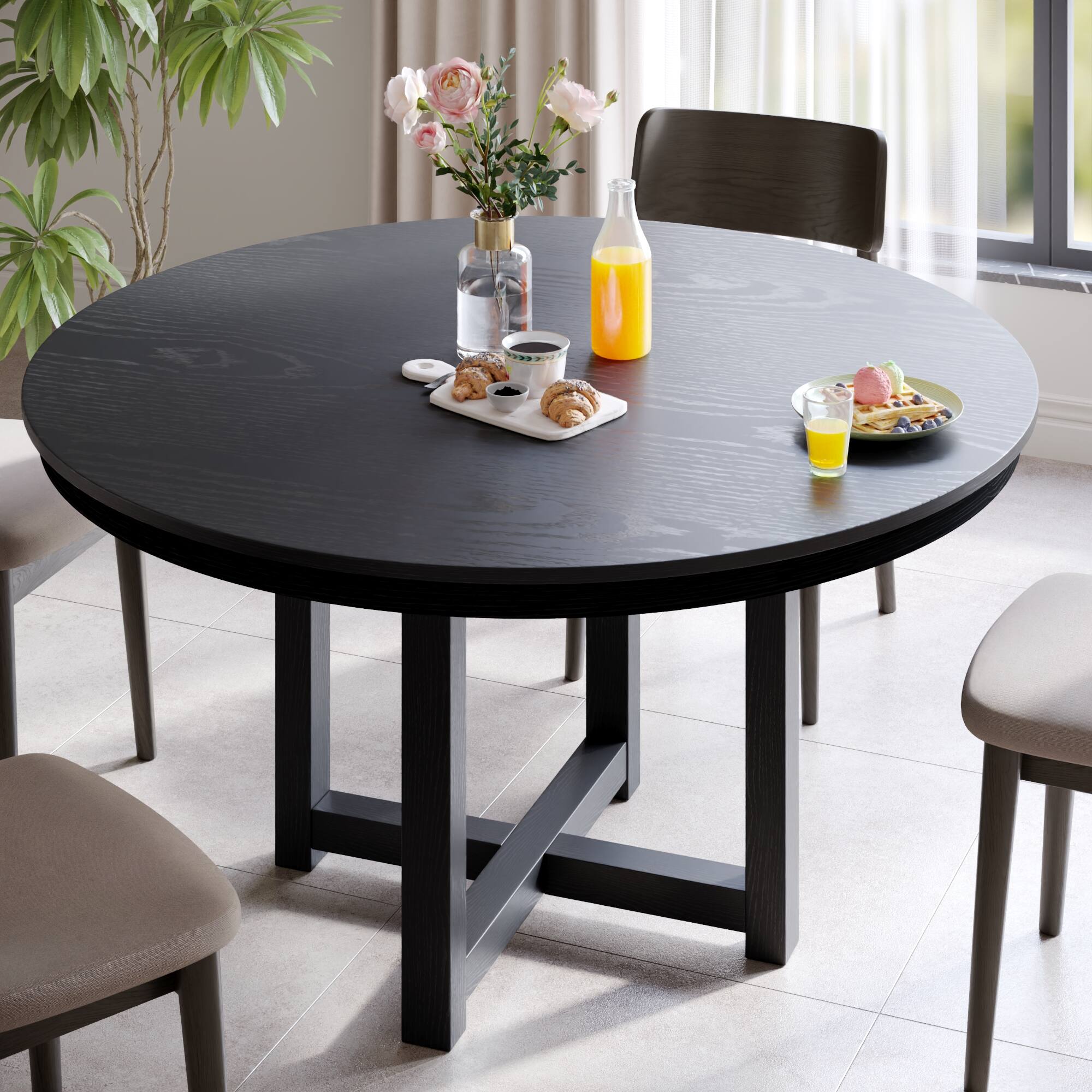 Left. Lirago - 45" Solid Wood Round Dining Table with Double Pedestal Large Kitchen Table Seats 6 for Dining Room - Black.