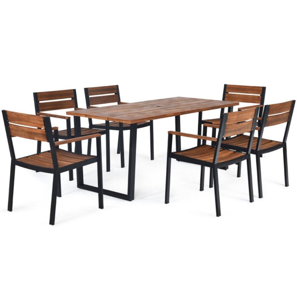 Alt View 4. Mondawe - Patented 7 Pieces Patented Outdoor Patio Dining Table Set with Hole - Brown.