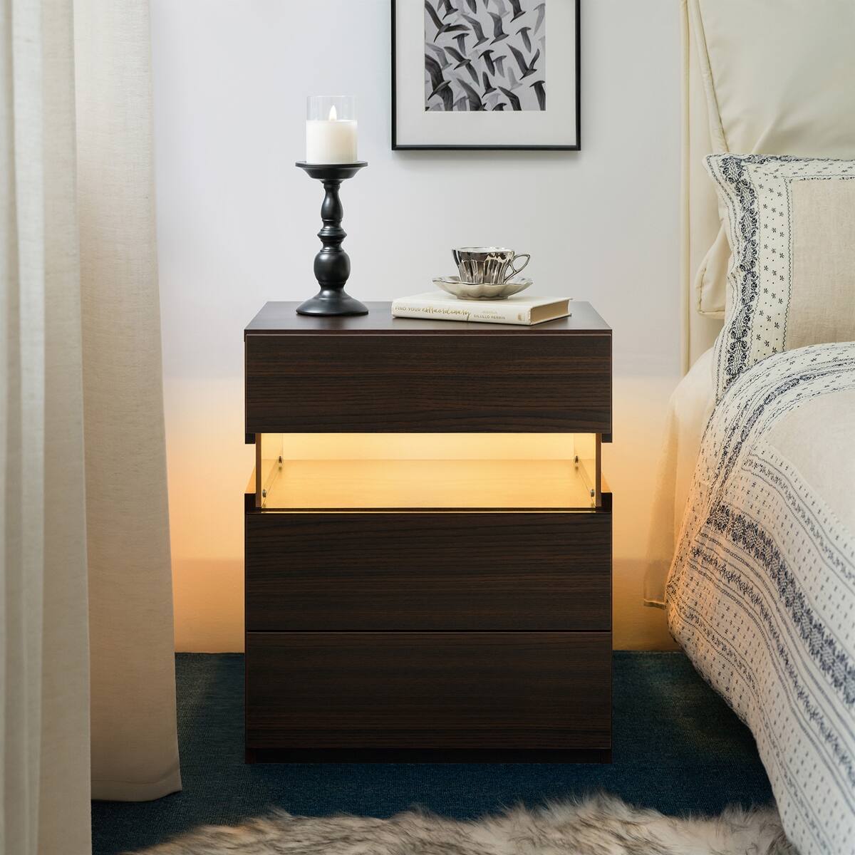 Loheer 3 Drawer LED Nightstand, Bedside Table with Acrylic Panel for ...