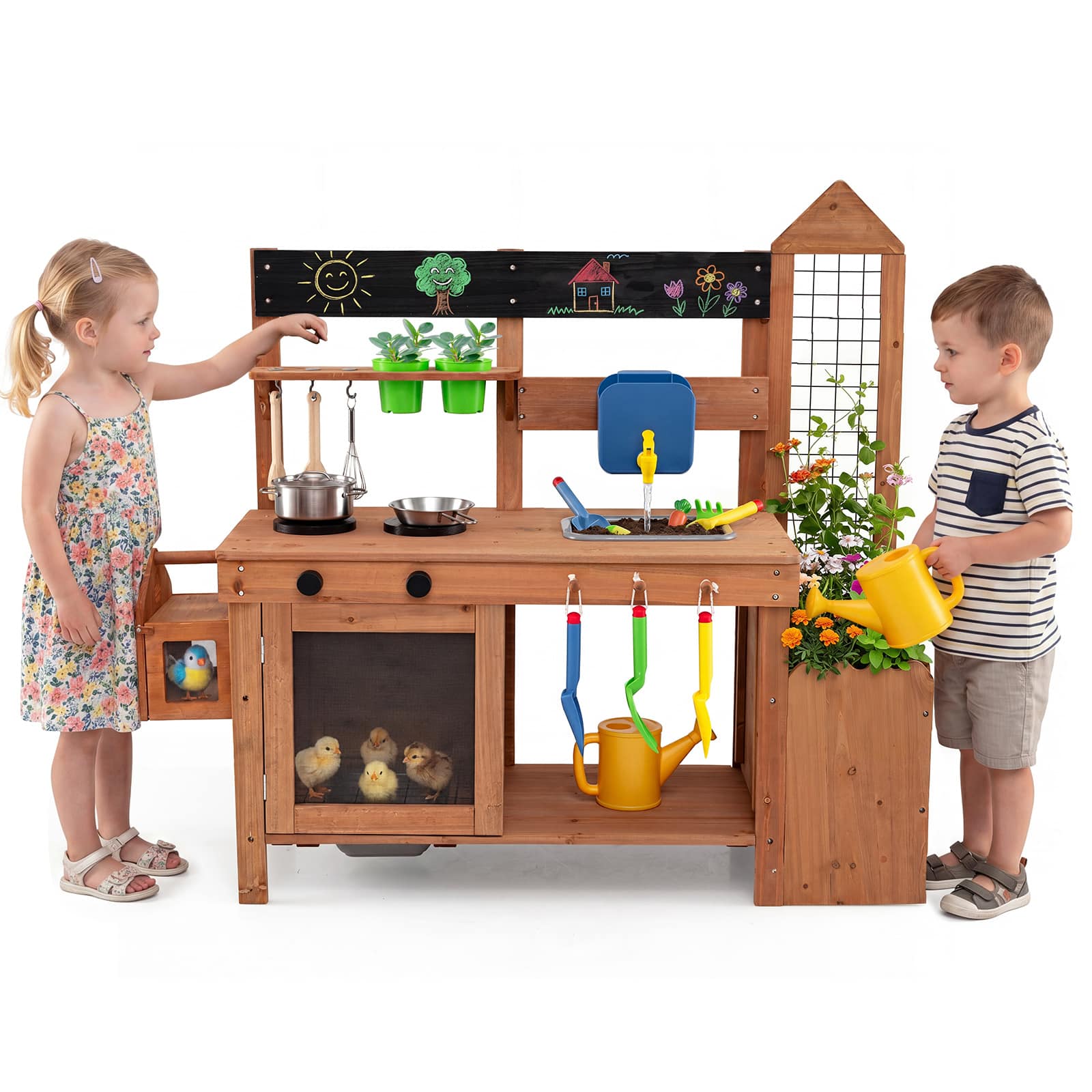 Costway - Kids Mud Kitchen with Detachable Bird Cage, Planter, Trellis, 2 Sinks, Stoves - Brown price history on PriceWatchPro