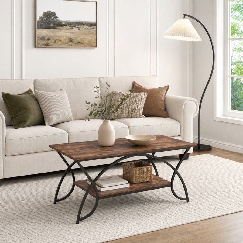 WELLFOR - 2-Tier Coffee Table with Metal Frame，Center Table Cocktail Tea Table for Living Room - Rustic Brown