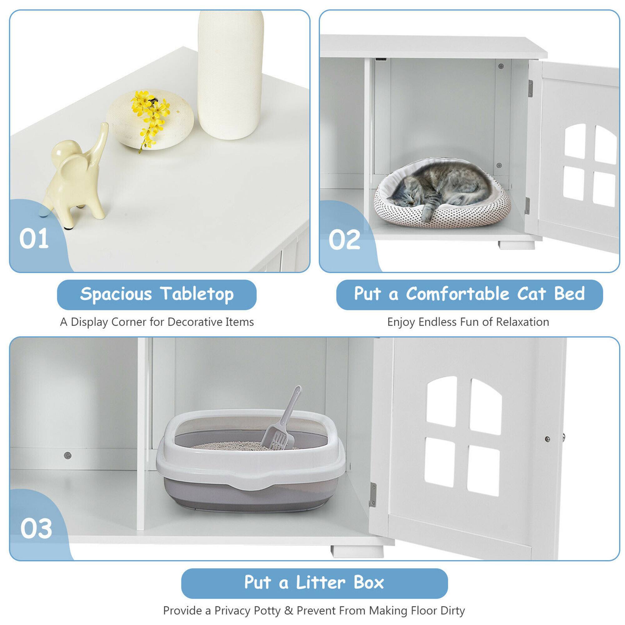 01  
Spacious Tabletop  
A Display Corner for Decorative Items  

02  
Put a Comfortable Cat Bed  
Enjoy Endless Fun of Relaxation  

03  
Put a Litter Box  
Provide a Privacy Potty & Prevent From Making Floor Dirty