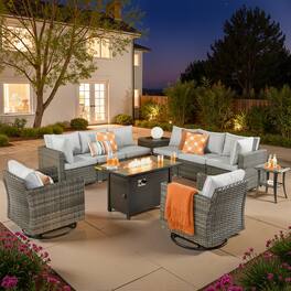 Ovios - 11 PCS Outdoor Patio Furniture Sectional Sofa with Swivel Chairs, Coffee Table & 42" Fire Pit Table - Gray
