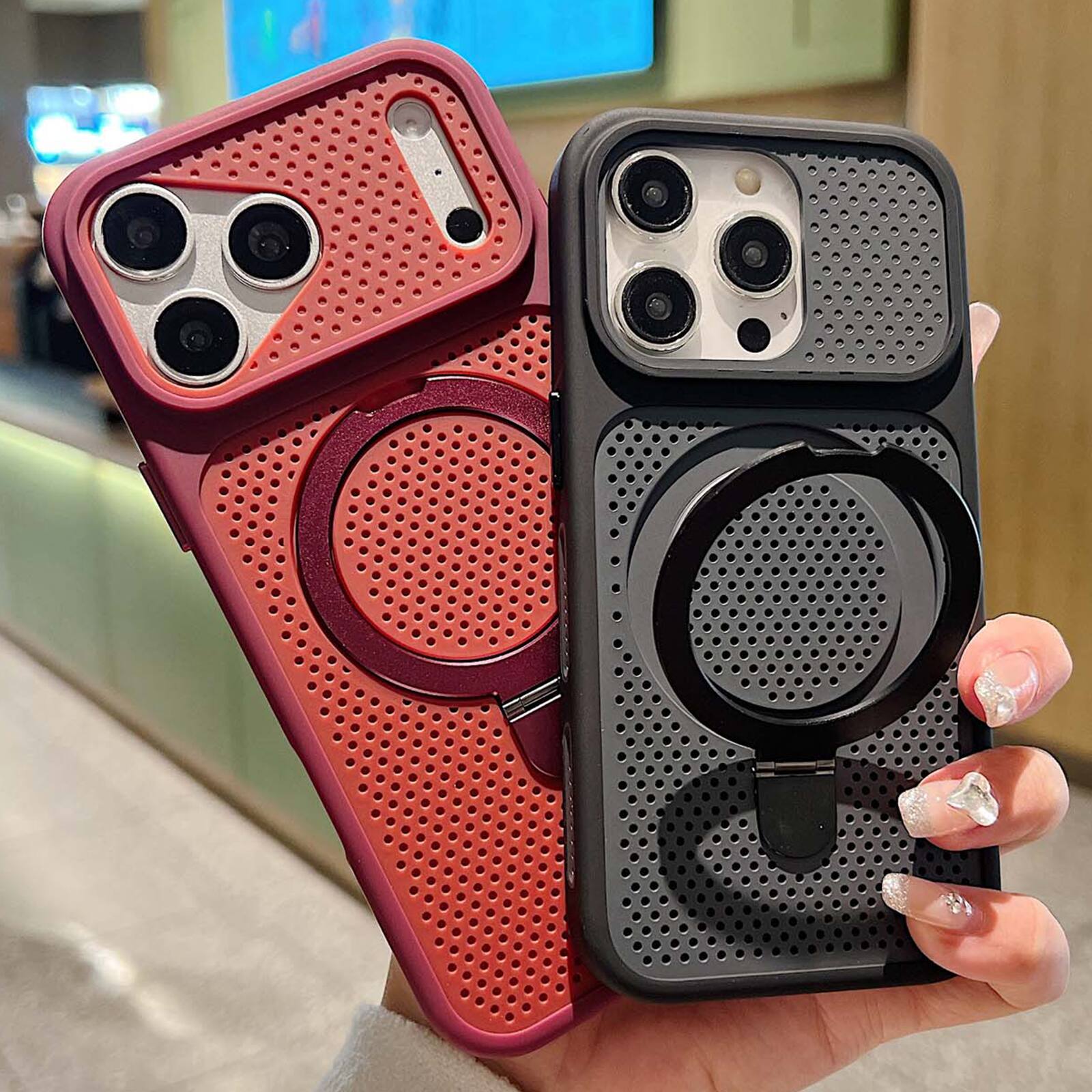 Left. Dteck - Heat Dissipation Case for Apple iPhone 17 Pro Max,Slim Matte Hidden Foldable Stand Cover,Shockproof PC+TPU Hard Shell - Black.