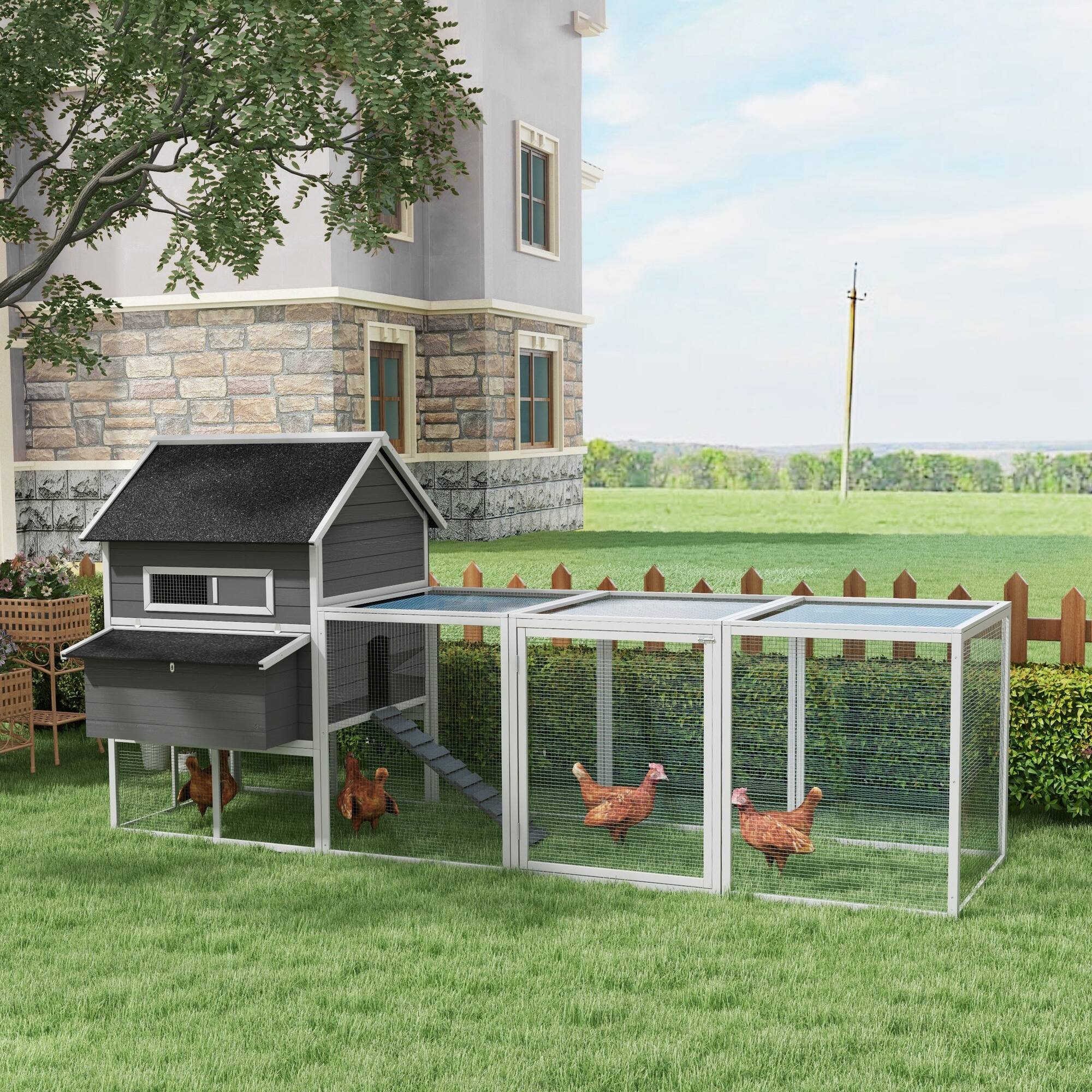 Angle. Pawhut - 137" Chicken Coop for 8-10 Chickens, Large Wooden Poultry Hen House with Nesting Box, Run for Backyard.