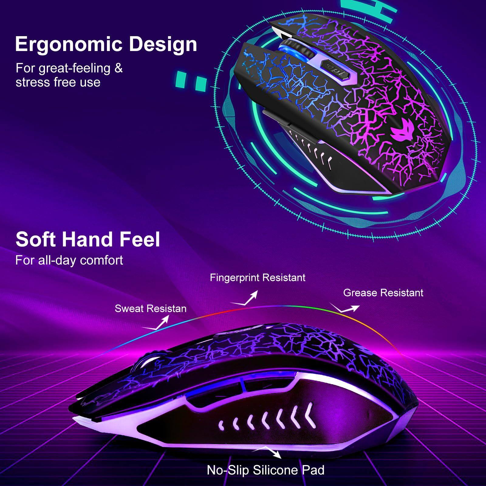 Ergonomic Design  
For great-feeling & stress-free use  

Soft Hand Feel  
For all-day comfort  

Fingerprint Resistant  
Sweat Resistant  
Grease Resistant  

No-Slip Silicone Pad