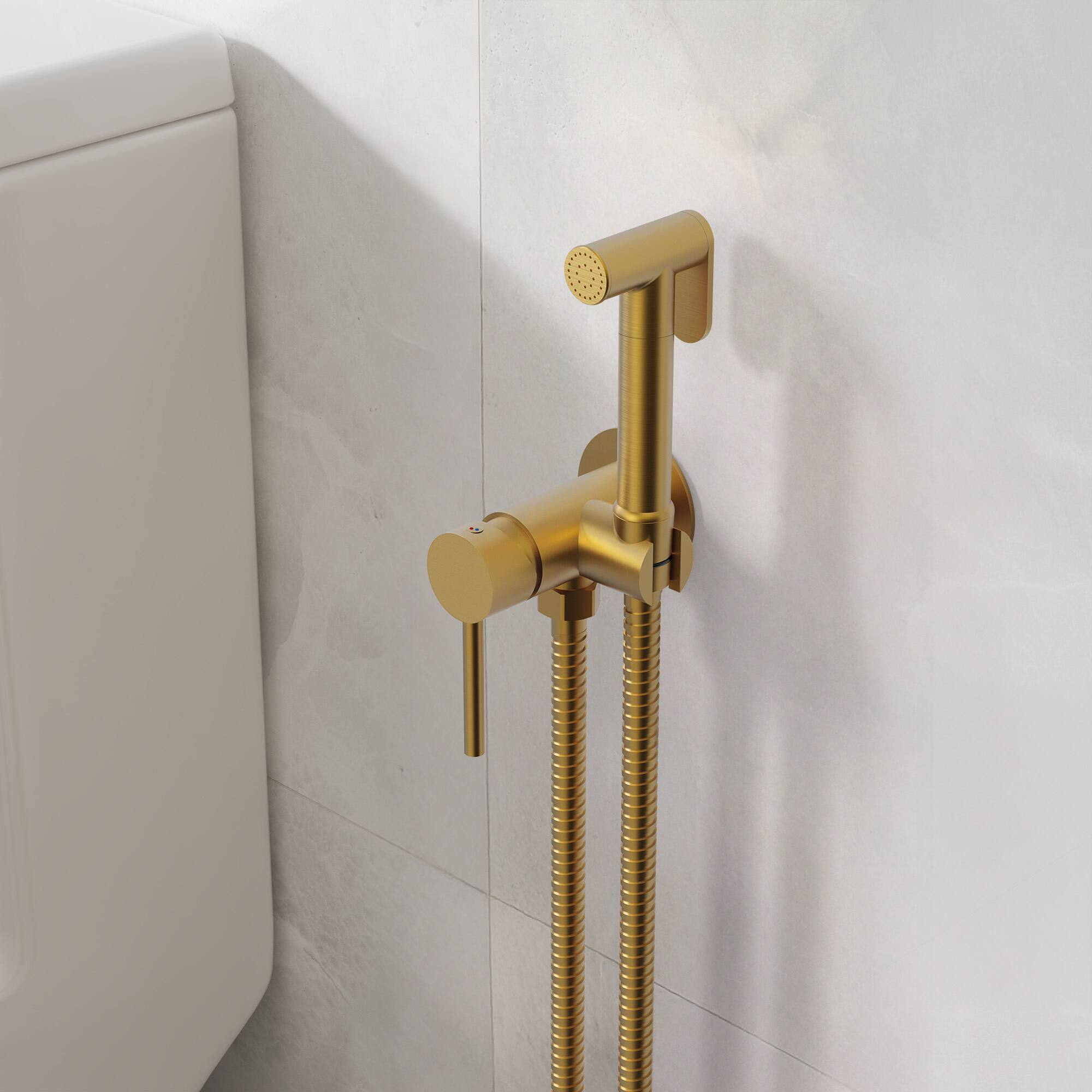 Angle. GRANDJOY - Handheld Bidet Faucet with Hot and Cold Mixing Valve, Wall Mount  - Brushed Gold.
