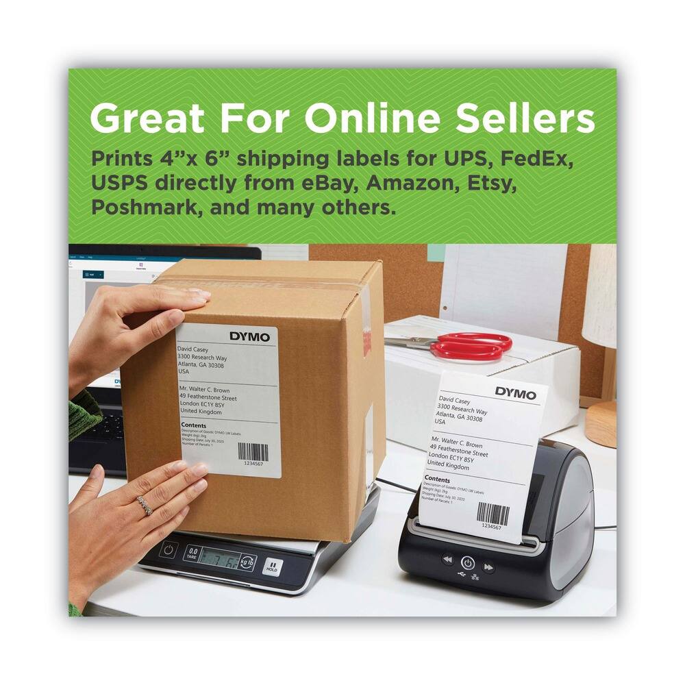 Great For Online Sellers  
Prints 4" x 6" shipping labels for UPS, FedEx, USPS directly from eBay, Amazon, Etsy, Poshmark, and many others.  

DYMO  
David Casey  
3300 Research Way  
Atlanta, GA 30308  
USA  

Mr. Walter C. Brown  
49 Featherstone Street  
London EC1Y 8ET  
United Kingdom  

Contents  
- 134567  
- AM 7:52  

DYMO  
David Casey  
3300 Research Way  
Atlanta, GA 30308  
USA  

Mr. Walter C. Brown  
49 Featherstone Street  
London EC1Y 8ET  
United Kingdom  

Contents  
- 134567  
- AM 7:52