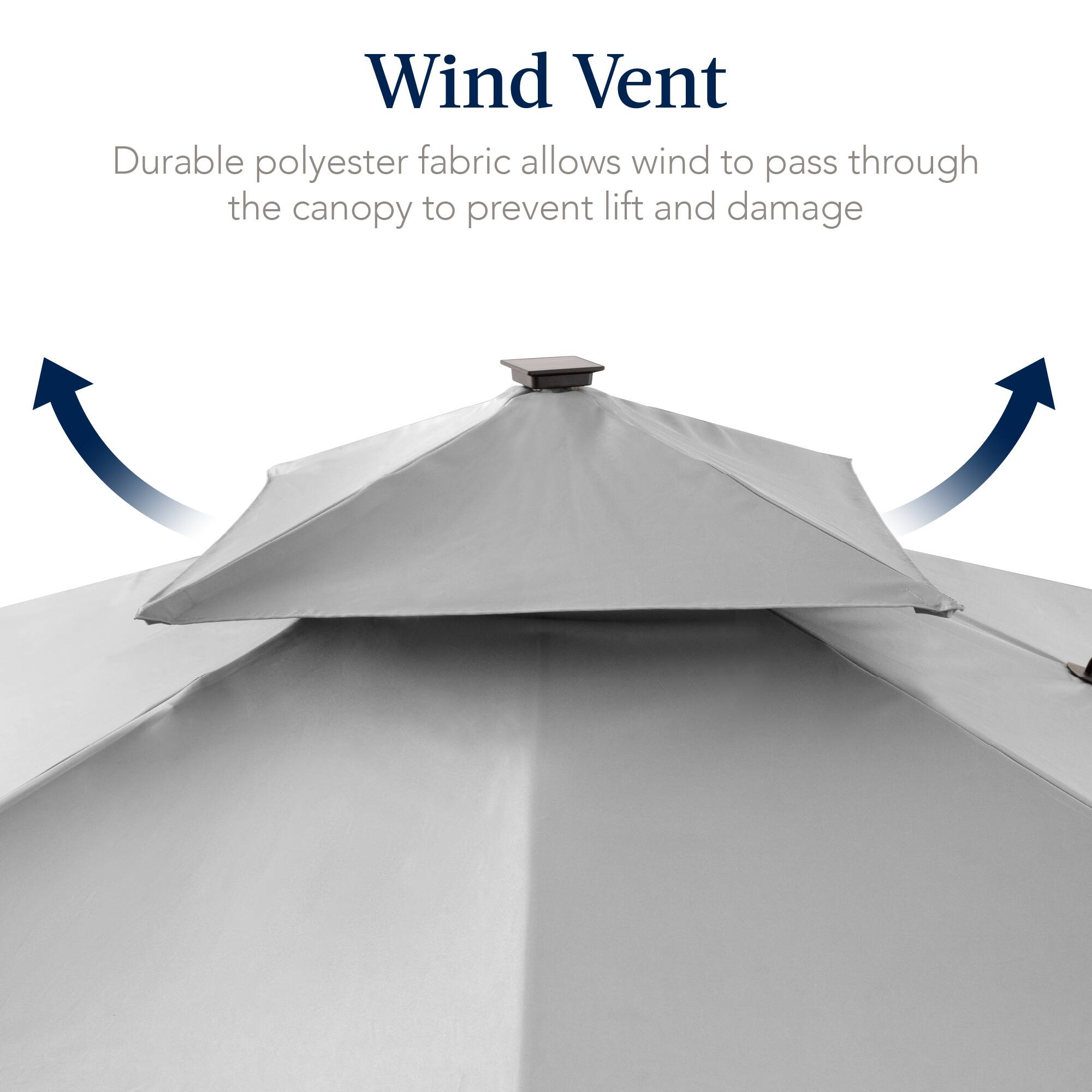 Wind Vent  
Durable polyester fabric allows wind to pass through the canopy to prevent lift and damage