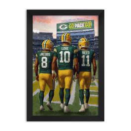 Sporticulture - Josh Jacobs, Jordan Love & Jayden Reed Bay Packers Framed Three-Player Art Print - Green
