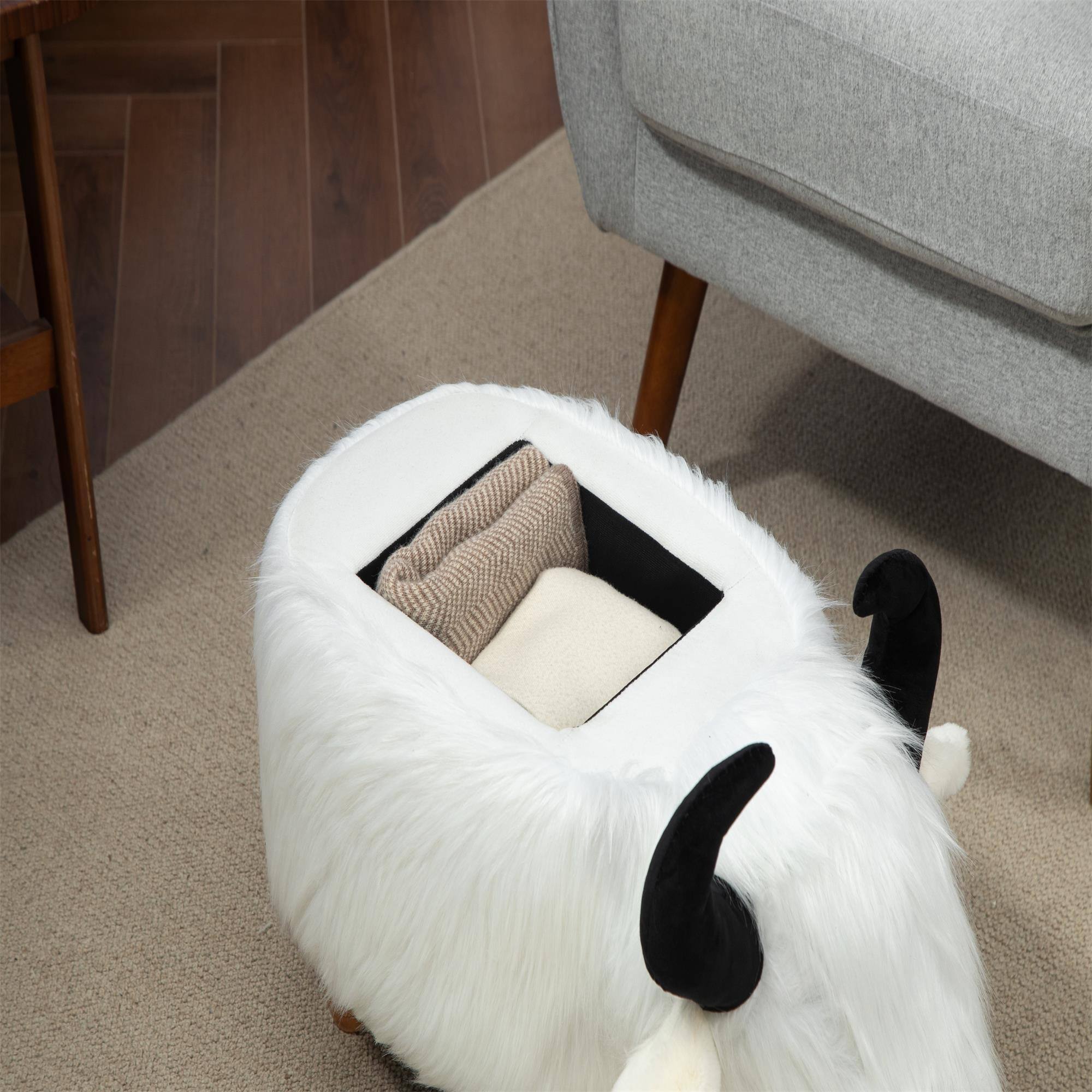 Alt View 2. Boyel Living - Harry the Buffalo Cow Storage Ottoman in White Plush Shaggy Faux Fur Hidden Storage Footstool - White.