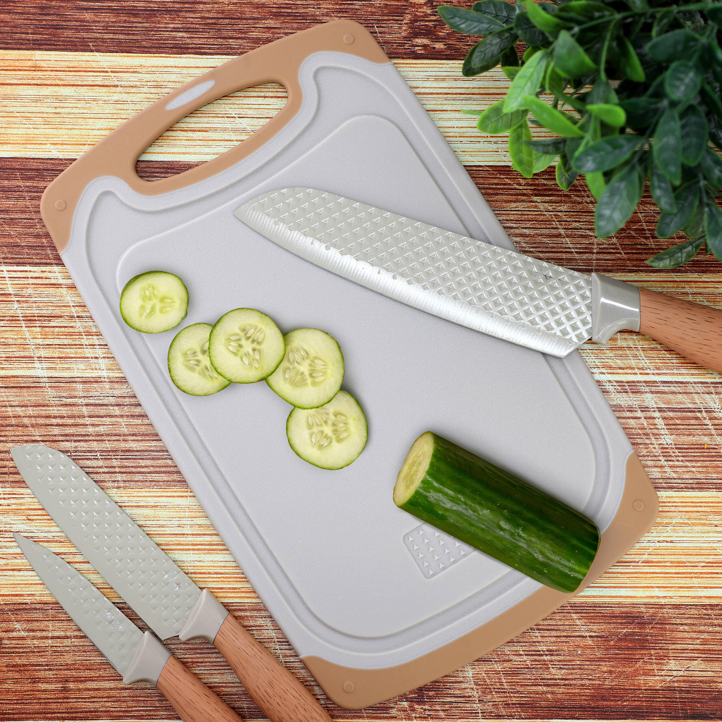 Alt View 4. Oster - Oster Gunderson 4 Piece Stainless Steel Cutlery and Cutting Board Set in Brown.